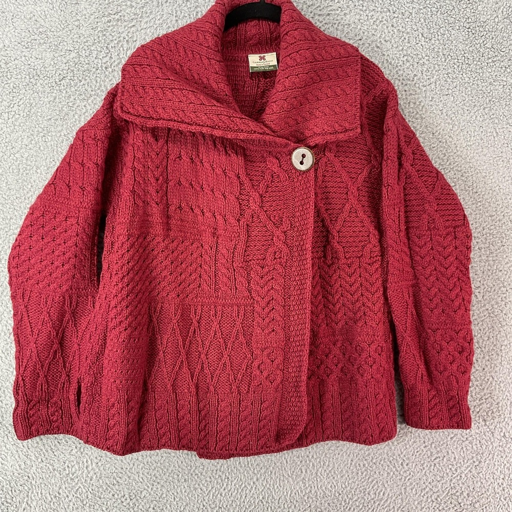 Carraig Donn Cardigan Sweater Womens L Red Cable-Knit Wool Fisherman Ireland